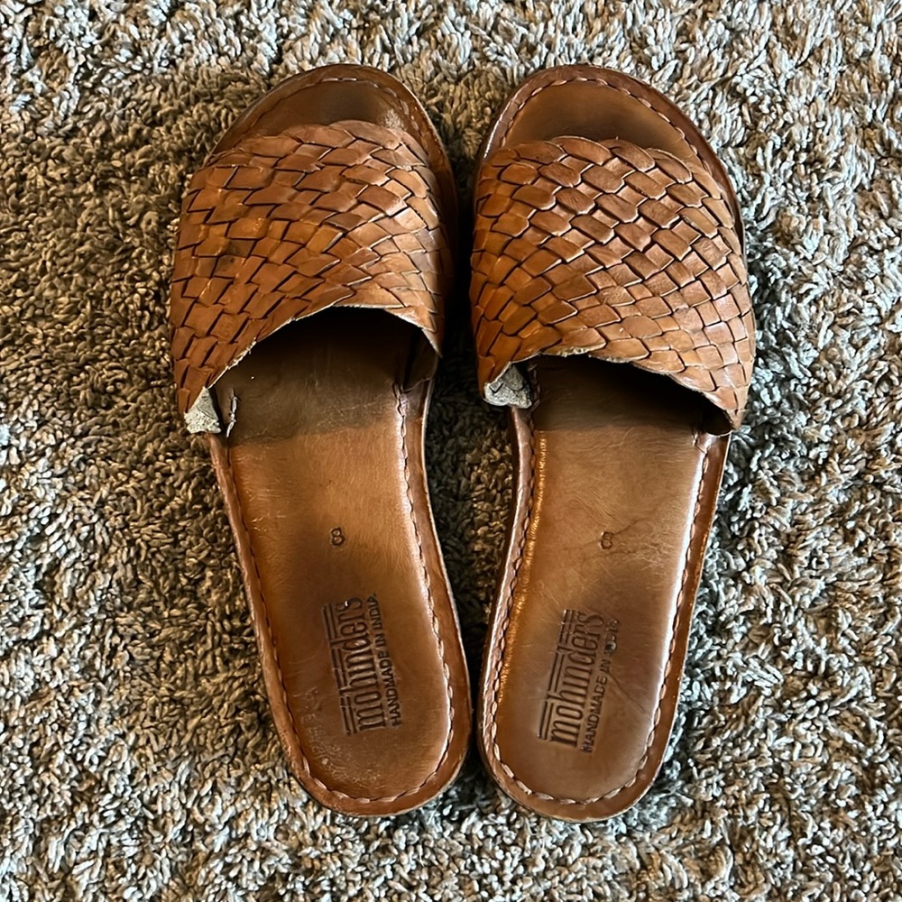 Brown Woven Leather Slide Sandals